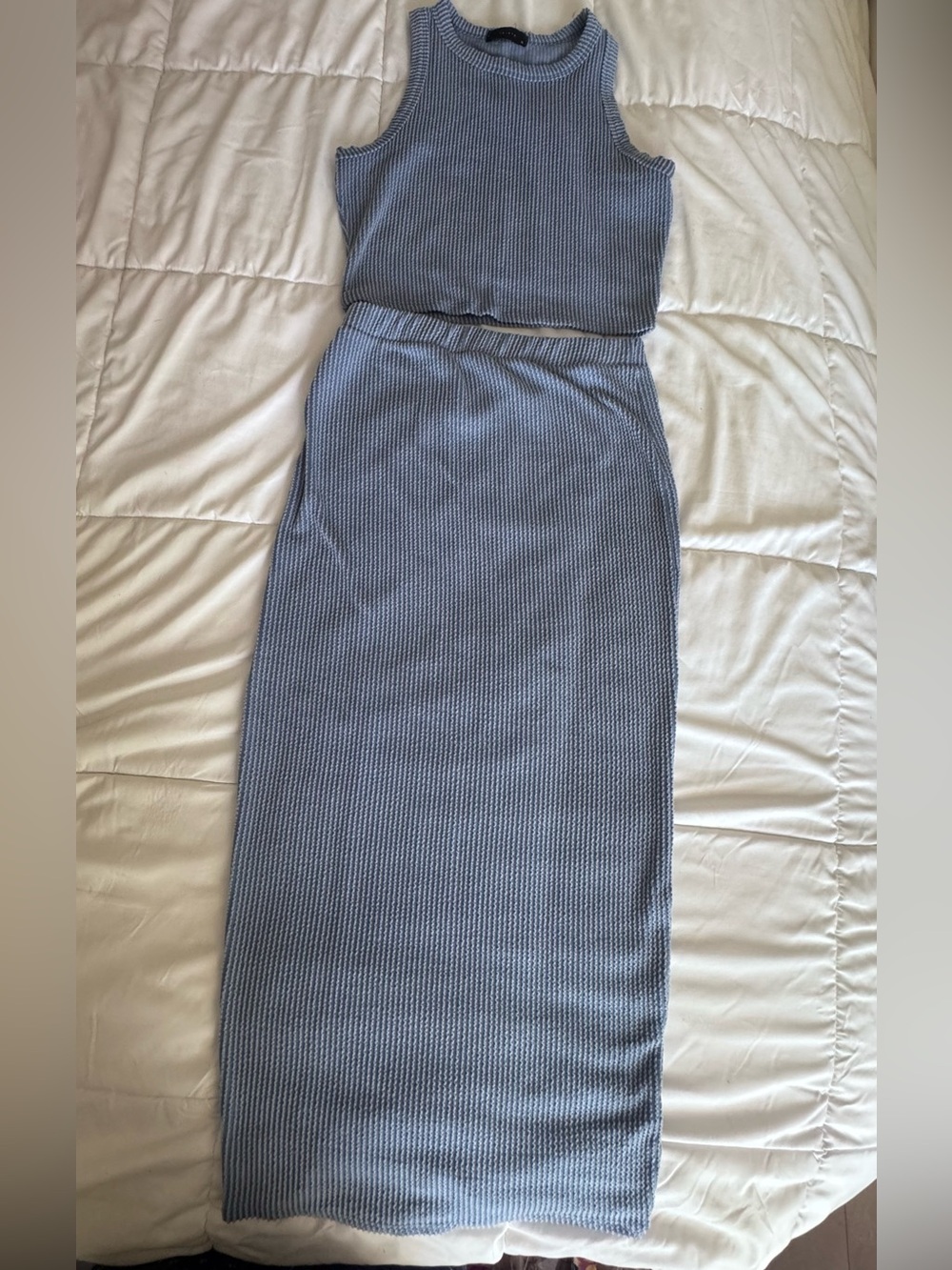 Saints Blue Ribbed Knit Two Piece Set Cropped Tank & Midi Skirt. XL - Picture 6 of 12